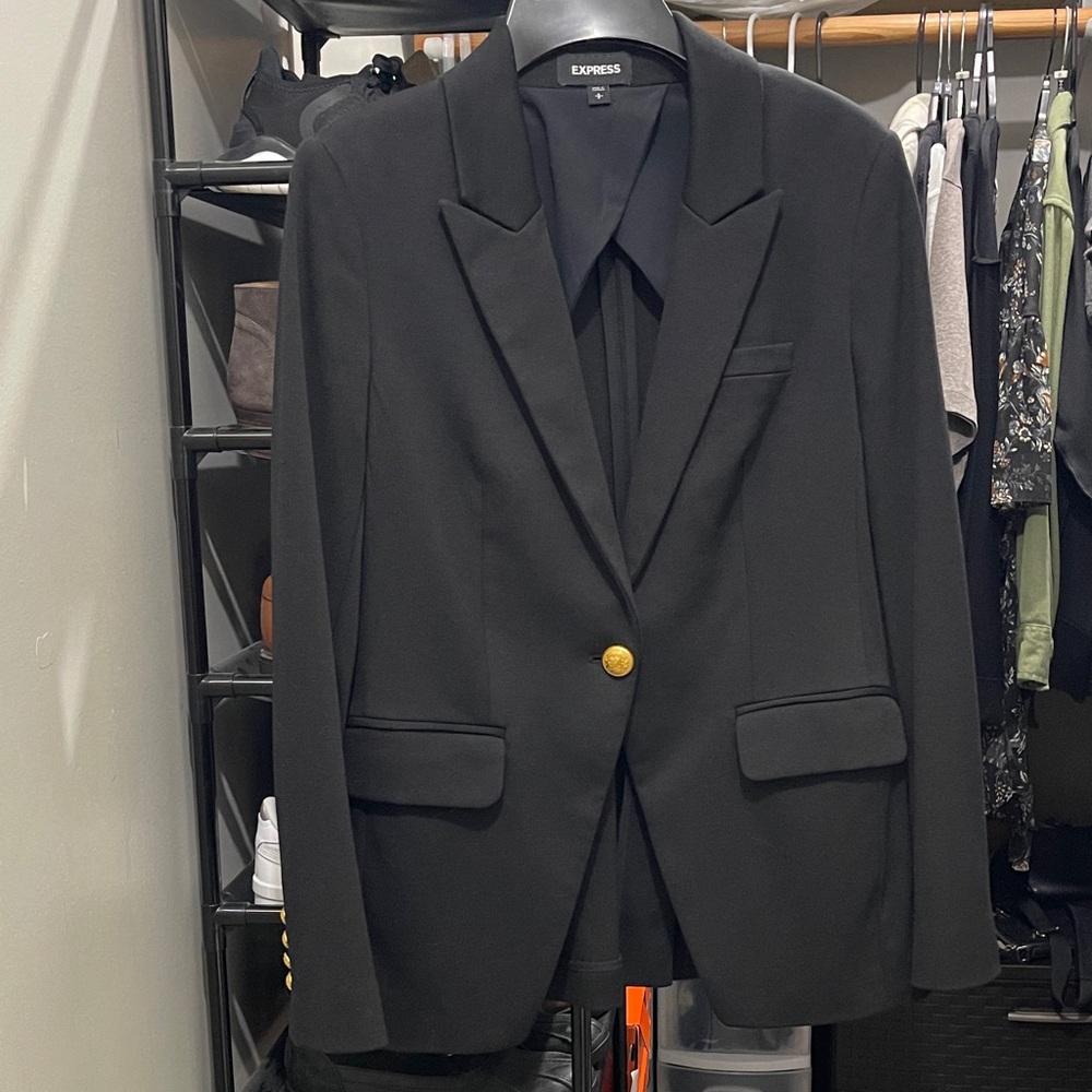 Women’s Express Black Blazer with Gold Buttons.